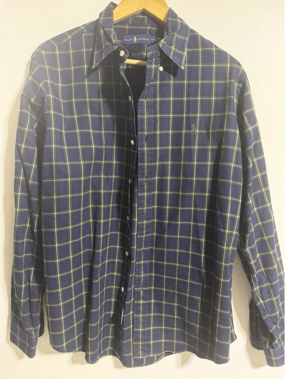 Ralph Lauren Men's L Blue Yellow Plaid Cotton Woven Long Sleeve Button-Up Shirt
